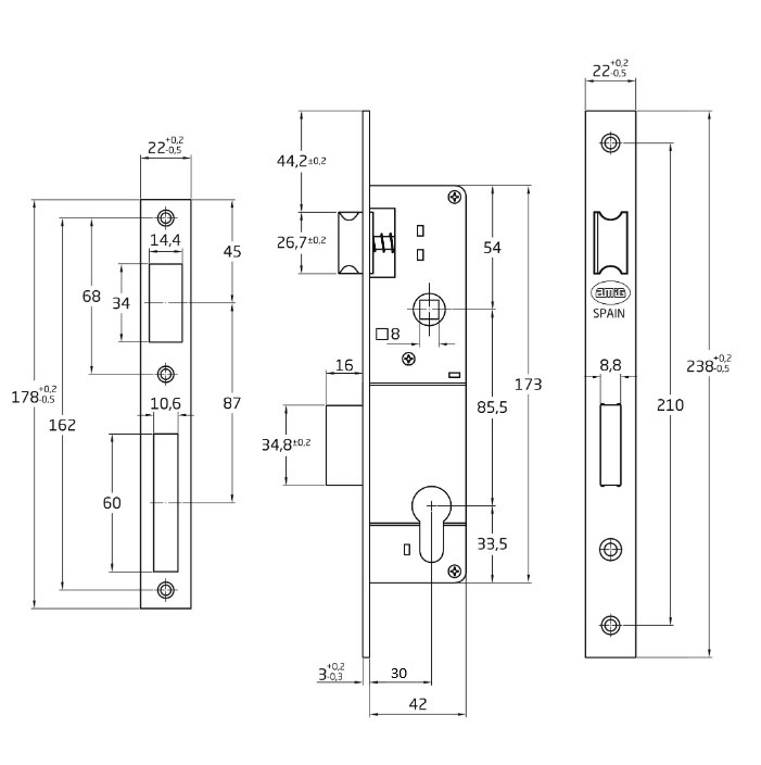 Smaldeurslot inclusief sluitplaat PC85 doornmaat 30 mm