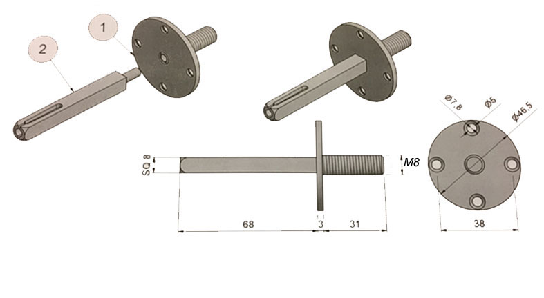 Wisselstift vierkant 8 mm met opschroef plaat tbv deurknoppen M8 - Afbeelding 2