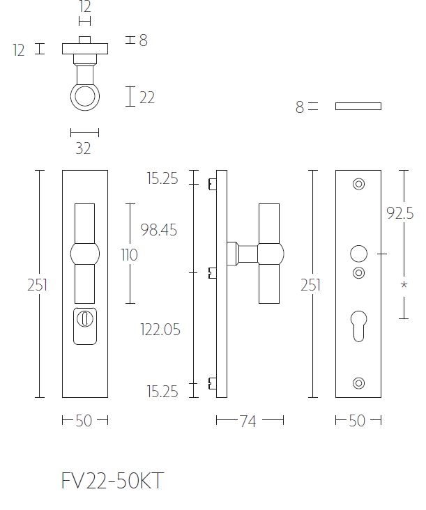 Veiligheidsbeslag PC72 met kerntrek beveiliging FERROVIA FV22-50KT Knop/kruk SKG3 rvs - Afbeelding 2