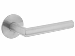 Deurkruk Hoek 90° geveerd op ronde magneet rozet RVS