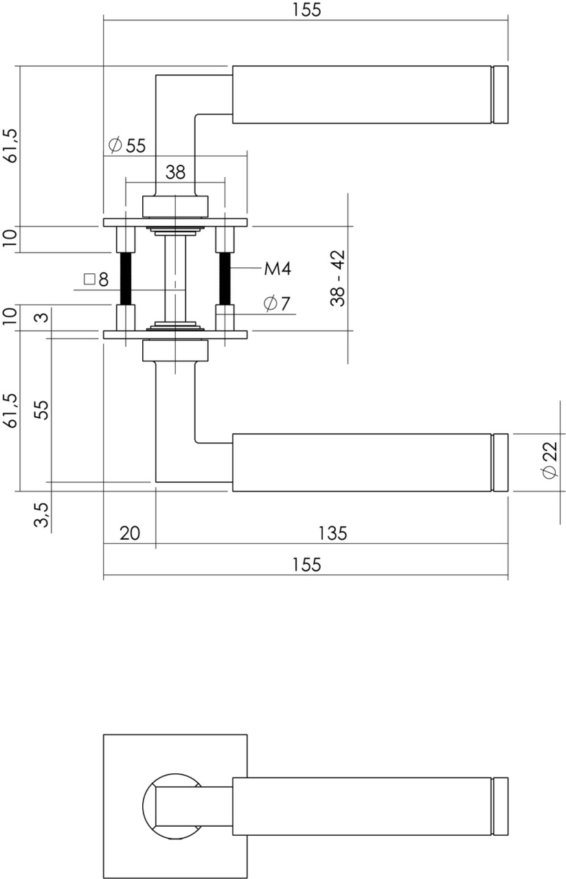 Intersteel deurklink Baustil geveerd op vierkante magneet rozet rvs - Afbeelding 2