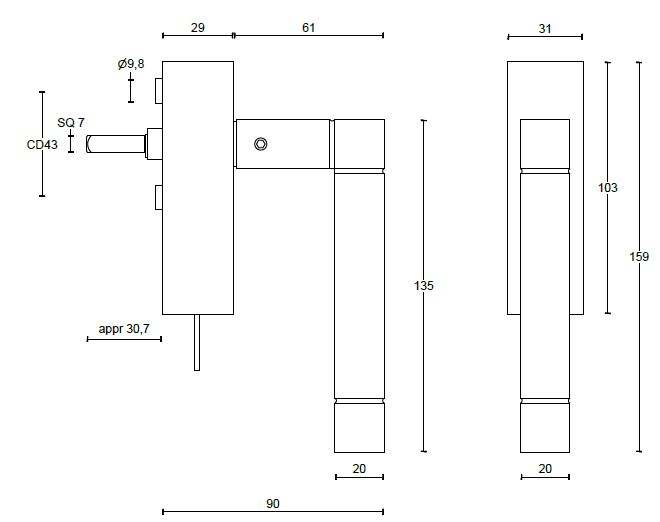 Draaikiepgarnituur SQUARE JB100DKLOCK rechts mat zwart - Afbeelding 2
