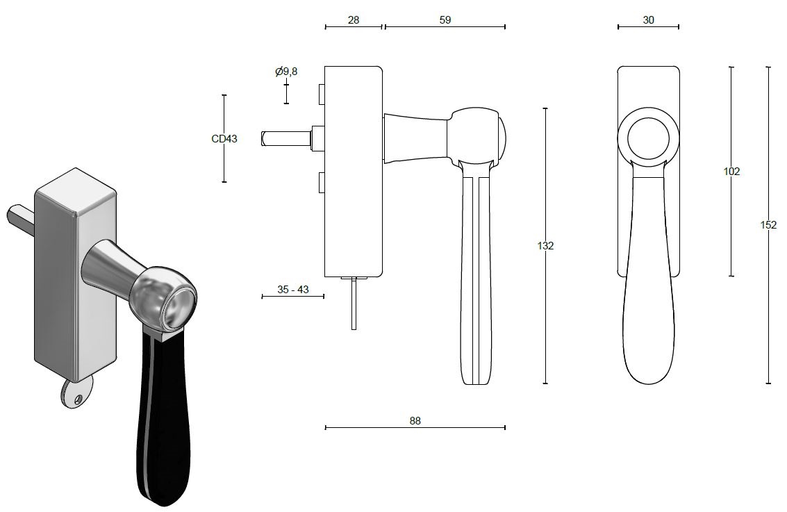 Draaikiepgarnituur BOSCO LZ100-DKLOCK gepolijst rvs/mat zwart - Afbeelding 2