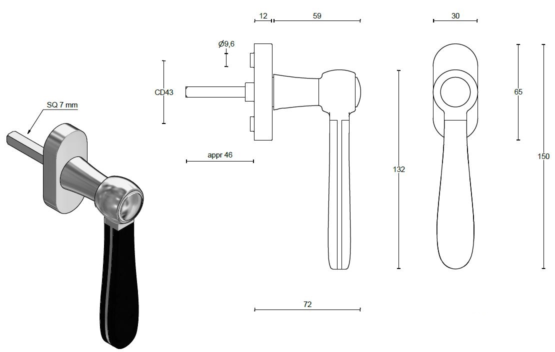 Draaikiepgarnituur BOSCO LZ100-DKO messing ongelakt/mat zwart - Afbeelding 2