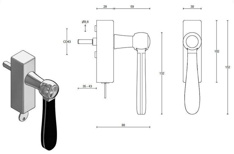 Draaikiepgarnituur BOSCO LZ100-DKLOCK messing ongelakt/mat zwart - Afbeelding 2