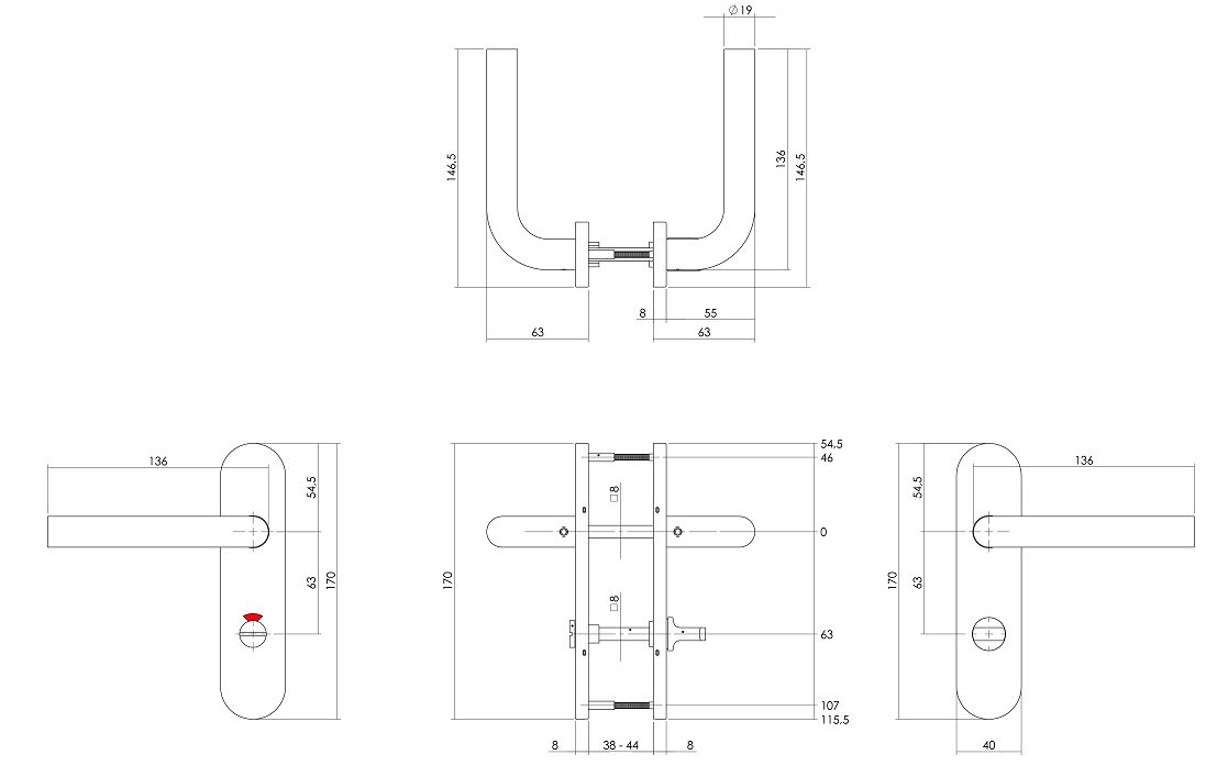 Deurklink Recht Basic op Ovaal Verdekt schild 170 x 40 mm WC63/8 MM rvs - Afbeelding 2