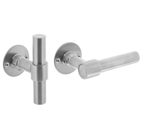 Deurkruk L/T-model recht + ronde platte rozet 50x2mm RVS