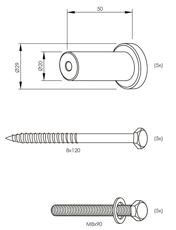 Intersteel set van 5 verlengde, ronde steunen 50mm tbv rail schuifdeursysteem, mat zwart - Afbeelding 2
