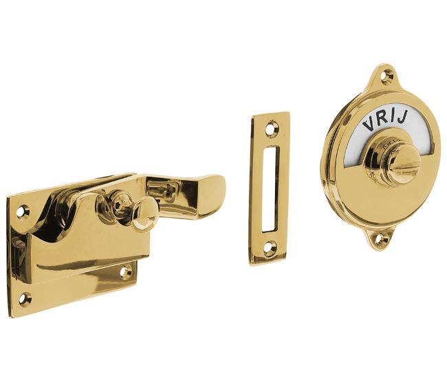 Intersteel wc-overslag met bocht en tekst “vrij / bezet” messing ongelakt