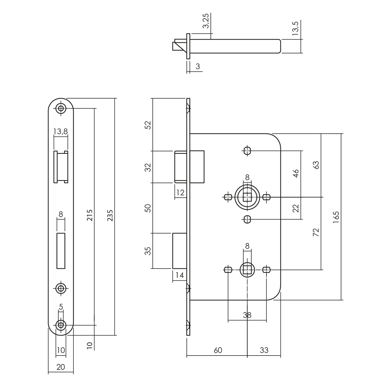 P+E Vrij- en bezetslot WC72 DIN links met rvs geborstelde voorplaat 235x20mm