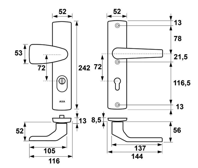 Axa Old Black Veiligheidsbeslag PC72 met kerntrekbeveiliging knop/kruk SKG3