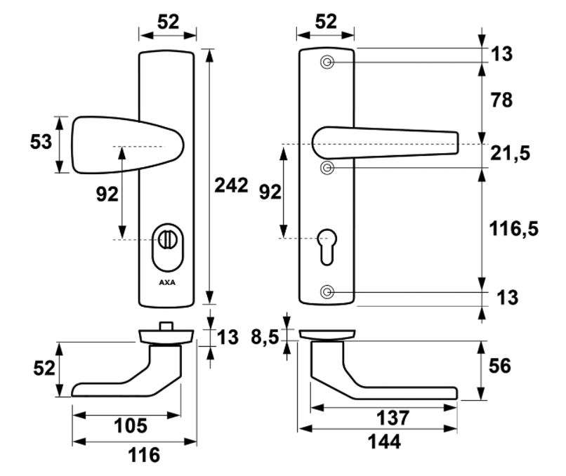 Axa Old Black Veiligheidsbeslag met kerntrekbeveiliging knop/kruk SKG*** PC92