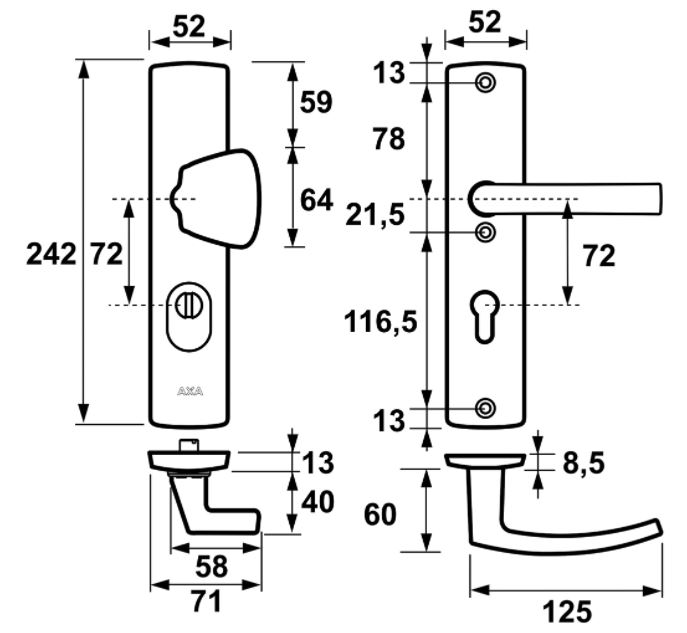 Axa Curve Plus RVS-Look Veiligheidsbeslag PC72 Greep/kruk met kerntrekbeveiliging SKG***