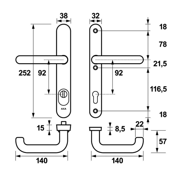 AXA Oval Plus Smal veiligheidsbeslag PC92 SKG*** met kerntrekbeveiliging kruk/kruk Zwart