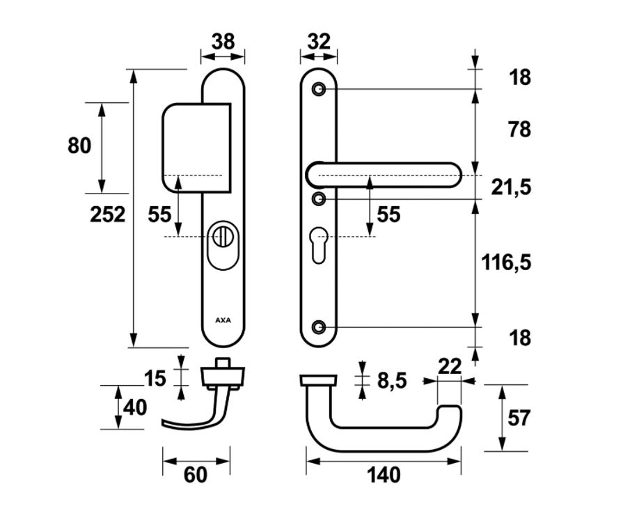 AXA Oval Plus Smal veiligheidsbeslag PC55 SKG*** met kerntrekbeveiliging D-greep/kruk Zwart