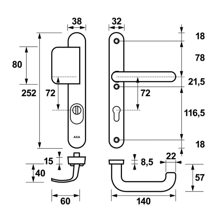 AXA Oval Plus Smal veiligheidsbeslag PC72 SKG*** met kerntrekbeveiliging D-greep/kruk Zwart