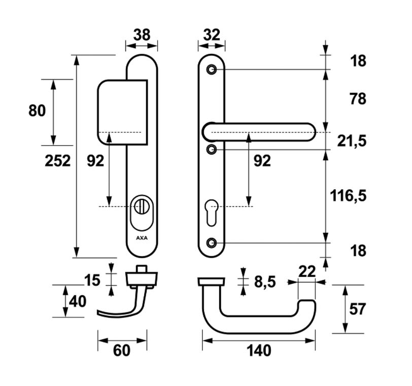 AXA Oval Plus Smal veiligheidsbeslag PC92 SKG*** met kerntrekbeveiliging D-greep/kruk Zwart