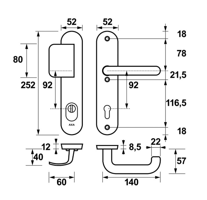 AXA Oval Plus veiligheidsbeslag PC92 SKG*** met kerntrekbeveiliging D-greep/kruk Zwart
