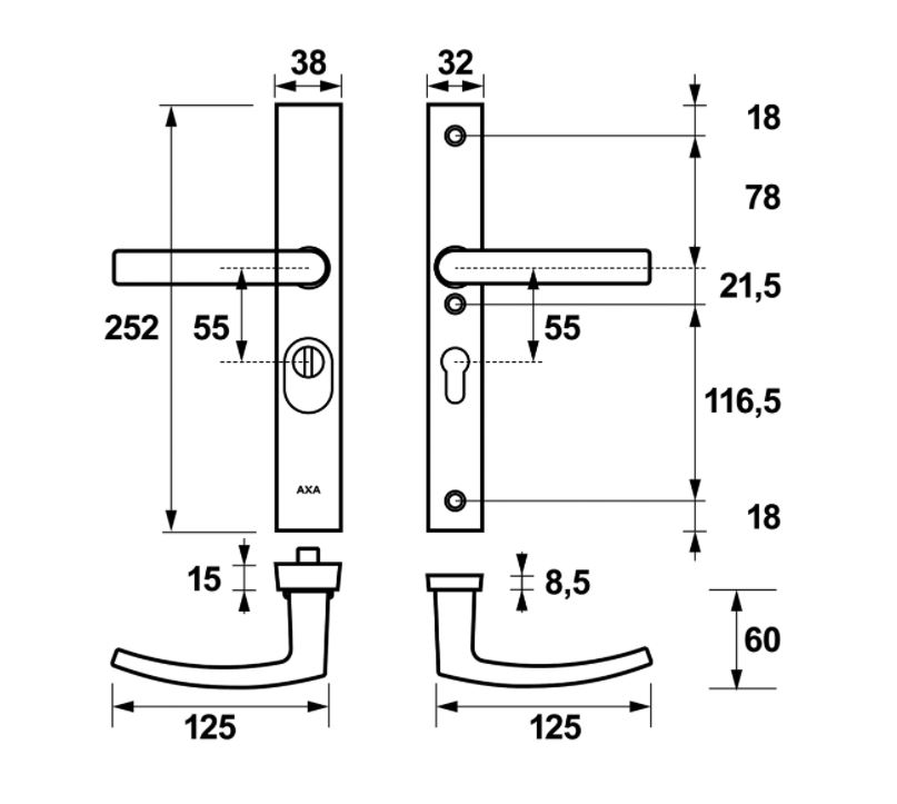AXA Edge Plus Smal veiligheidsbeslag PC55 SKG*** met kerntrekbeveiliging kruk/kruk Zwart