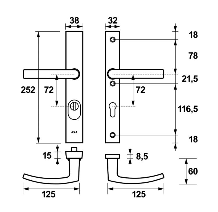 AXA Edge Plus Smal veiligheidsbeslag PC72 SKG*** met kerntrekbeveiliging kruk/kruk Zwart