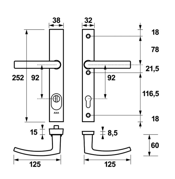 AXA Edge Plus Smal veiligheidsbeslag PC92 SKG*** met kerntrekbeveiliging kruk/kruk Zwart