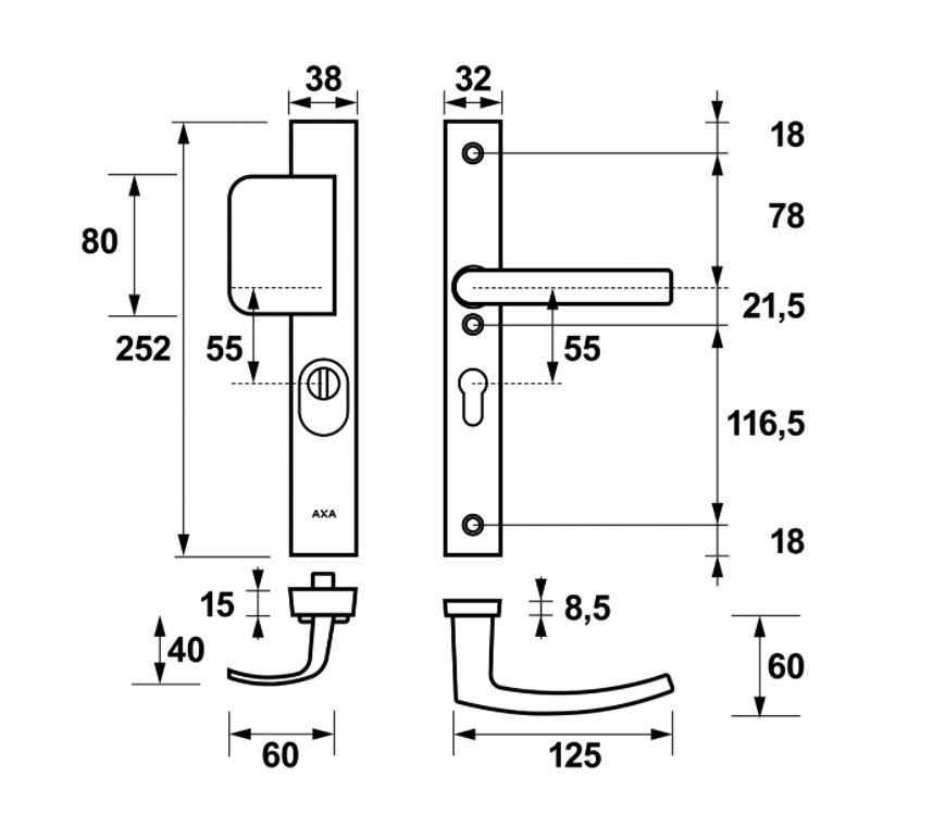 AXA Edge Plus Smal veiligheidsbeslag PC55 SKG*** met kerntrekbeveiliging D-greep/kruk Zwart
