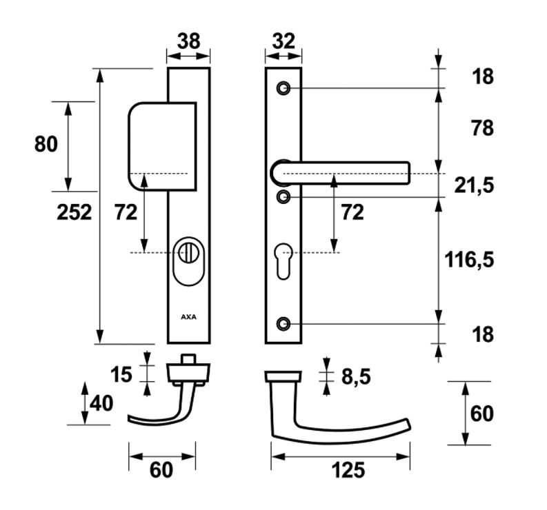 AXA Edge Plus Smal veiligheidsbeslag PC72 SKG*** met kerntrekbeveiliging D-greep/kruk Zwart