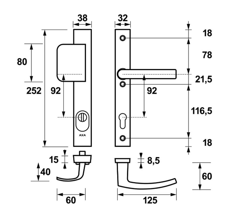 AXA Edge Plus Smal veiligheidsbeslag PC92 SKG*** met kerntrekbeveiliging D-greep/kruk Zwart