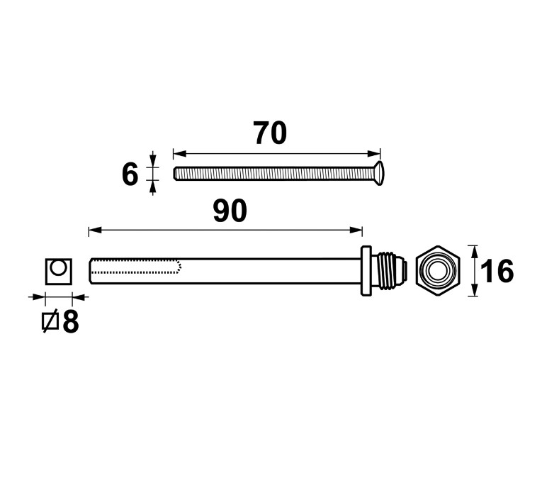 AXA Wisselstift + set bouten 8x90+M6x70 (3x) zwart