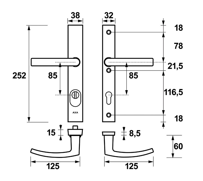 AXA Edge Plus Smal veiligheidsbeslag PC85 SKG*** met kerntrekbeveiliging kruk/kruk Zwart