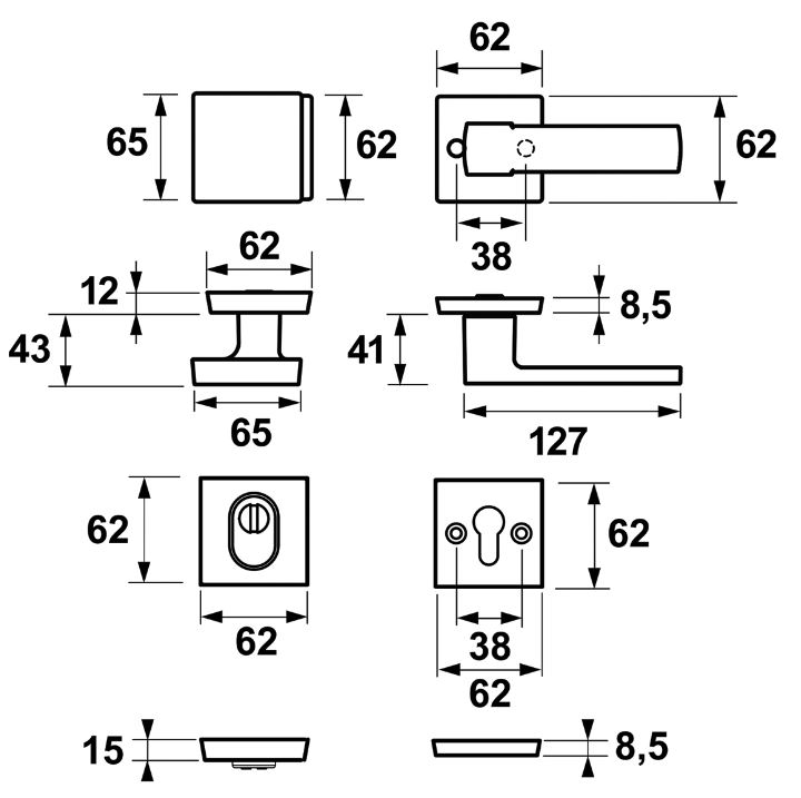 AXA set veiligheidsbeslag op vierkante rozet met kerntrekbeveiliging knop/kruk SKG*** aluminium zwart