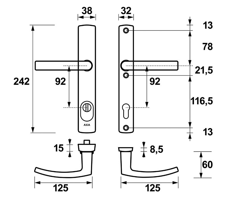 Axa Curve Plus Smal Veiligheidsbeslag PC92 met kerntrekbeveiliging kruk/kruk SKG*** Zwart