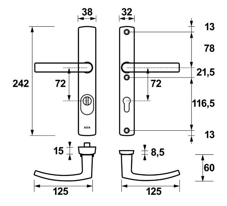 Axa Curve Plus Smal Veiligheidsbeslag PC72 met kerntrekbeveiliging kruk/kruk SKG*** Zwart