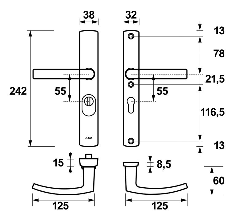 Axa Curve Plus Smal Veiligheidsbeslag PC55 met kerntrekbeveiliging kruk/kruk SKG*** Zwart