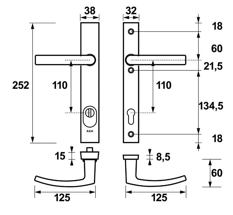 AXA Edge Plus Smal veiligheidsbeslag PC110 met kerntrekbeveiliging kruk/kruk Zwart