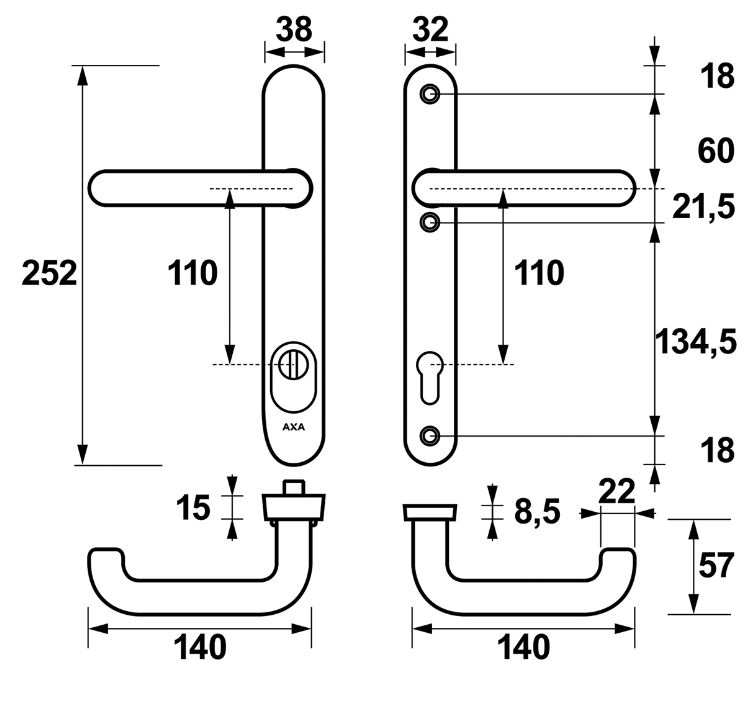 AXA Oval Plus Smal veiligheidsbeslag PC110 met kerntrekbeveiliging kruk/kruk geslepen F1