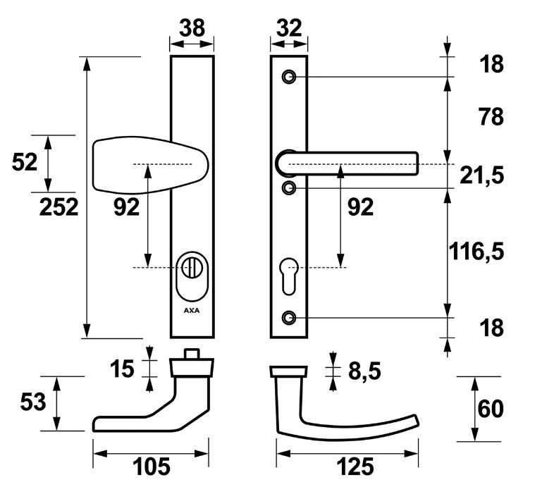 AXA Edge Plus Smal veiligheidsbeslag PC92 SKG*** met kerntrekbeveiliging Wing-greep/kruk Zwart