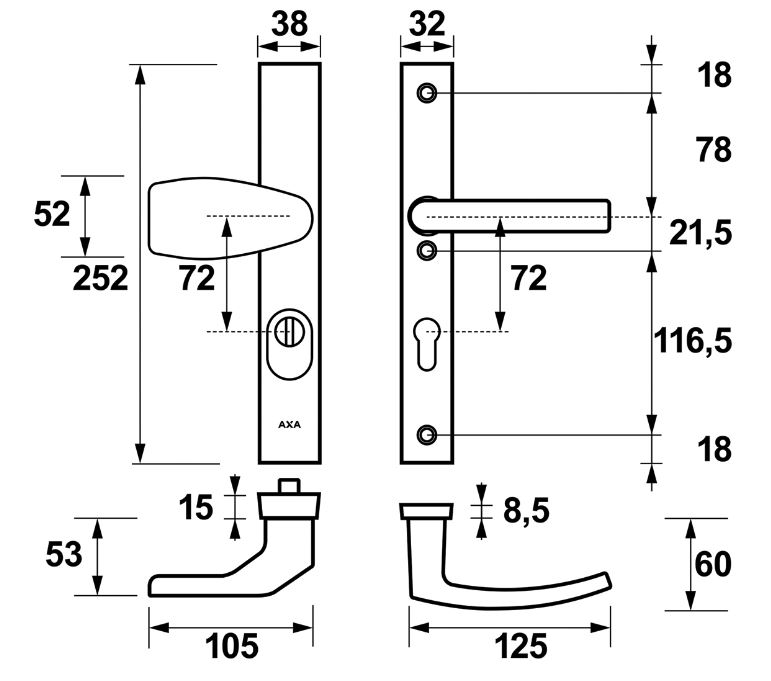 AXA Edge Plus Smal veiligheidsbeslag PC72 SKG*** met kerntrekbeveiliging Wing-greep/kruk Zwart