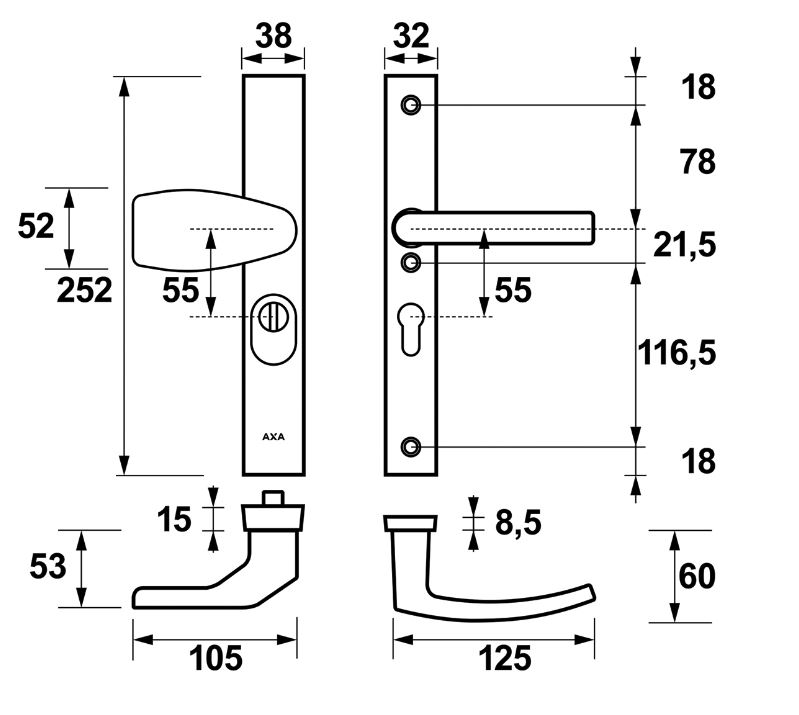 AXA Edge Plus Smal veiligheidsbeslag PC55 SKG*** met kerntrekbeveiliging Wing-greep/kruk Zwart