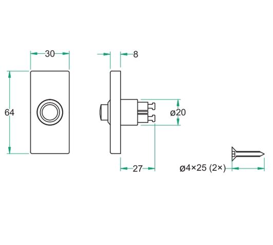 Beldrukker rechthoekig 64x30mm zwart