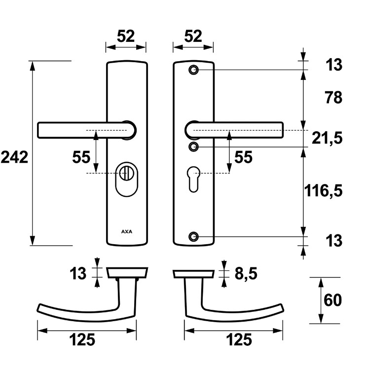 Axa Curve Plus RVS-Look PC55 Veiligheidsbeslag kruk/kruk met kerntrekbeveiliging SKG3