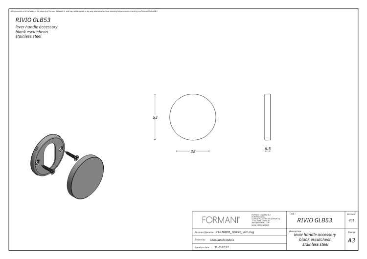 Blind plaatje RIVIO by Gensler GLB53 pvd mat goud
