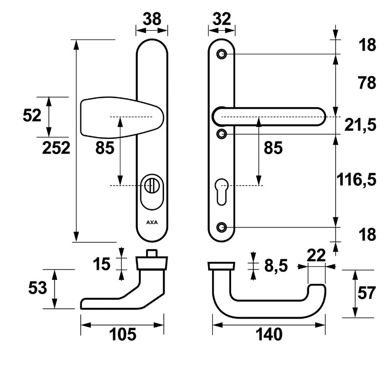AXA Oval Plus Smal veiligheidsbeslag PC85 SKG*** met kerntrekbeveiliging Wing-greep/kruk Zwart