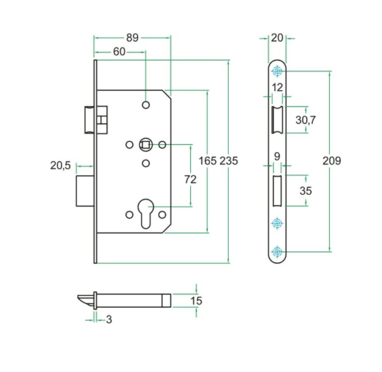 Cilinder Dag/Nacht slot KL3 brandwerend PC72 rvs voorplaat