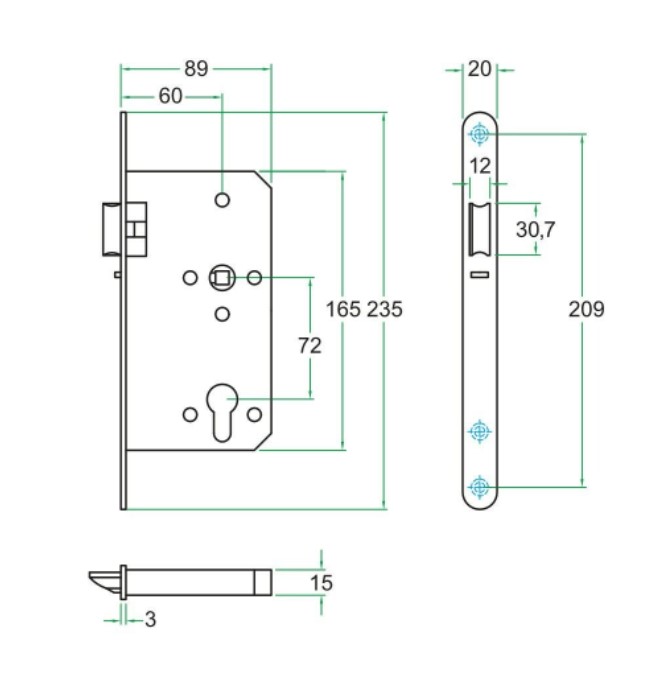 Cilinder Centraalslot KL3 brandwerend PC72 rvs voorplaat