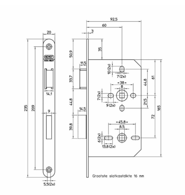 Nemef toilet-badkamer slot 644 DIN links WC72/8 met afgeronde voorplaat rvs geborsteld
