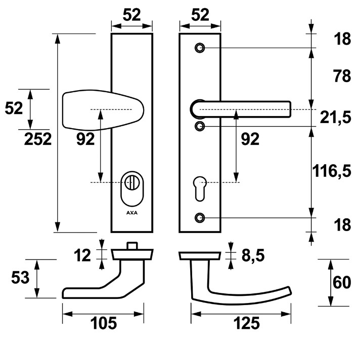 AXA Edge Plus veiligheidsbeslag PC92 met kerntrekbeveiliging Wing-greep/kruk SKG3 Aluminium F1