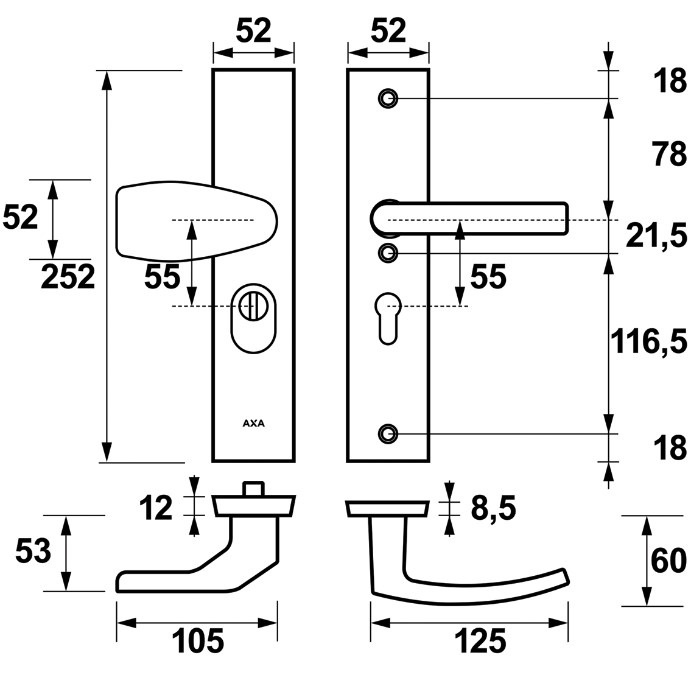 AXA Edge Plus veiligheidsbeslag PC55 met kerntrekbeveiliging Wing-greep/kruk SKG3 Aluminium F1