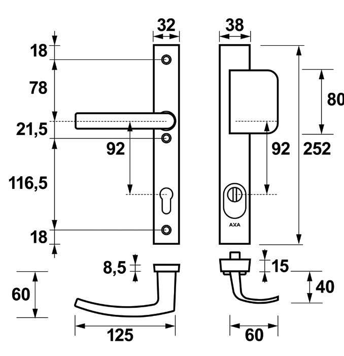 AXA Edge Plus Smal veiligheidsbeslag PC92 met kerntrekbeveiliging D-greep/kruk SKG3 Aluminium F1