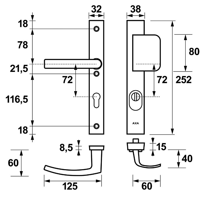 AXA Edge Plus Smal veiligheidsbeslag PC72 met kerntrekbeveiliging D-greep/kruk SKG3 Aluminium F1